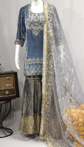 Gray Blue Garara Suit With Tissue Shimmer Dupatta-1730