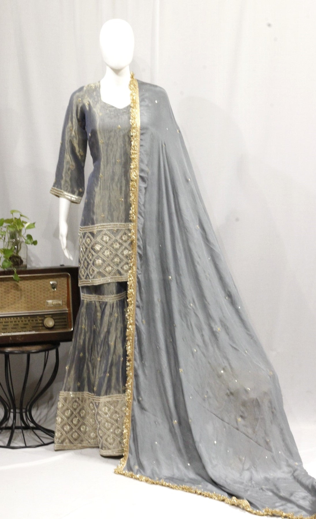 Gray Blue Garara Suit With Chinon Chiffon Dupatta-1731