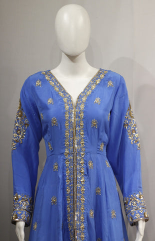 Blue Gray Anarkali Full Suit With Organza Dupatta-1738