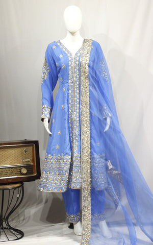 Blue Gray Anarkali Full Suit With Organza Dupatta-1738