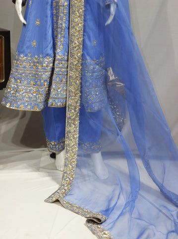 Blue Gray Anarkali Full Suit With Organza Dupatta-1738