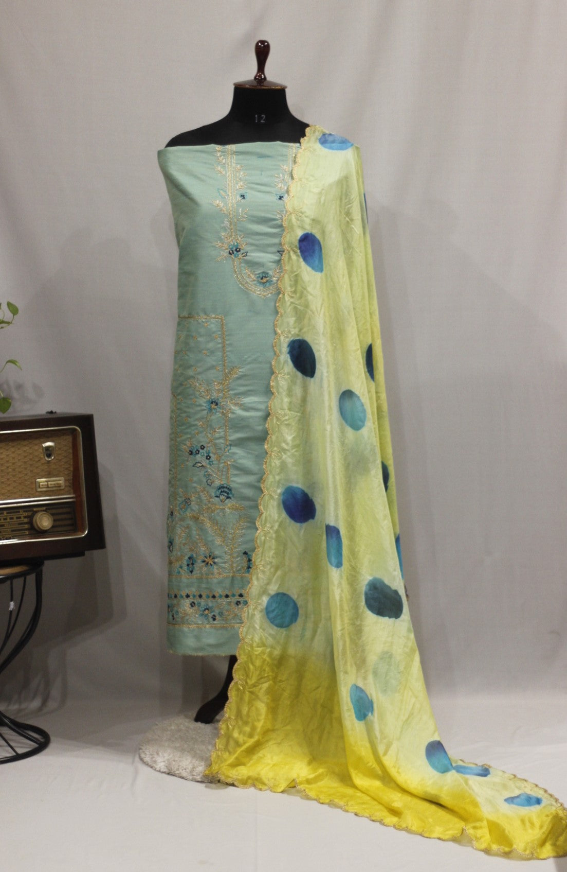 Sea Green Full Suit With Tabbi Silk Tie Dye Dupatta-1741