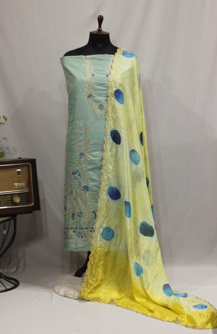 Sea Green Full Suit With Tabbi Silk Tie Dye Dupatta-1741