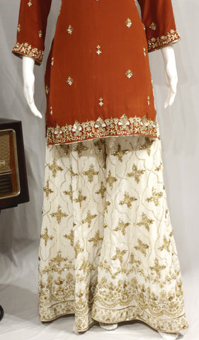 Rust and Cream Sharara Suit With Rust Organza Dupatta-1752