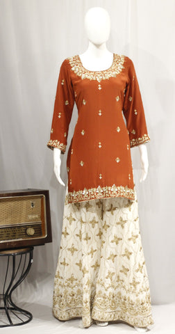 Rust and Cream Sharara Suit With Rust Organza Dupatta-1752