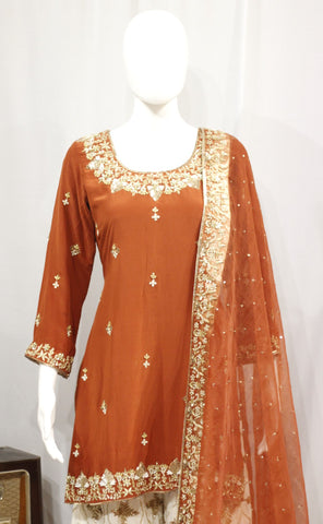 Rust and Cream Sharara Suit With Rust Organza Dupatta-1752