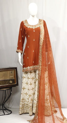 Rust and Cream Sharara Suit With Rust Organza Dupatta-1752