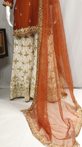 Rust and Cream Sharara Suit With Rust Organza Dupatta-1752