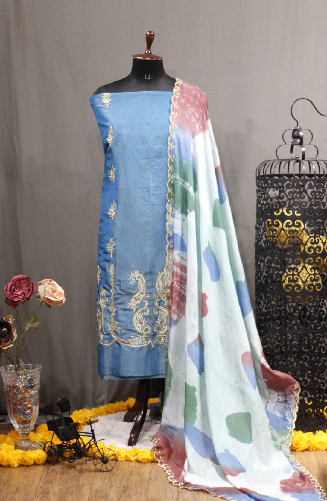 Blue Gray Full Suit With Tie Dye Dupatta-1759