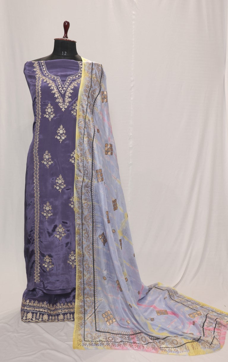 Purple Greay Full Suit With Tabbi Silk Dupatta-1380