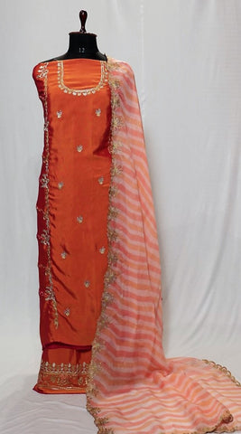 Orange Rust Full Suit With Organza Dupatta-1384