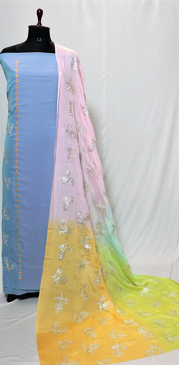 Blueish Greay Full Suit With Chinon Chiffon Tie Dye Dupatta-1387