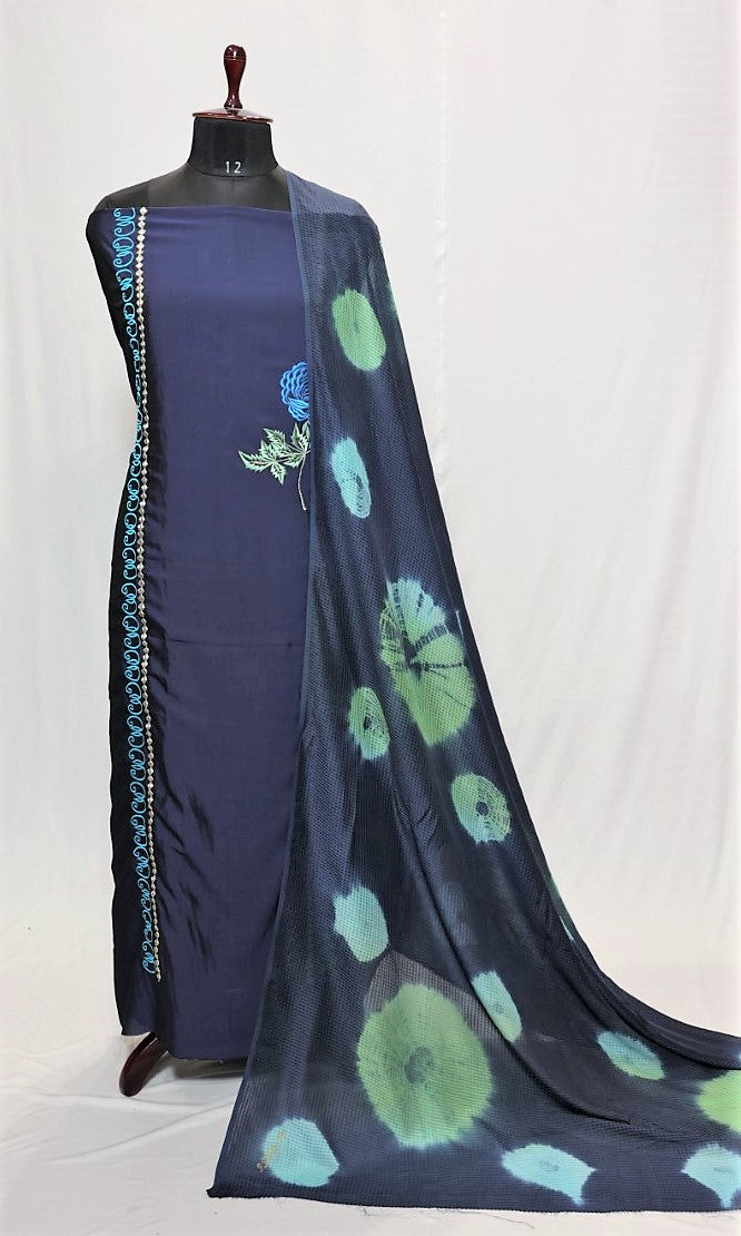 Navy Blue Full Suit With Tabbi Silk Tie Dye Dupatta-1388