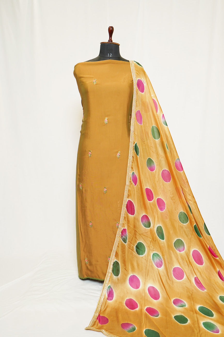 Mustard Brown Full Suit with Tabbi Silk Tie Dye Dupatta-1355
