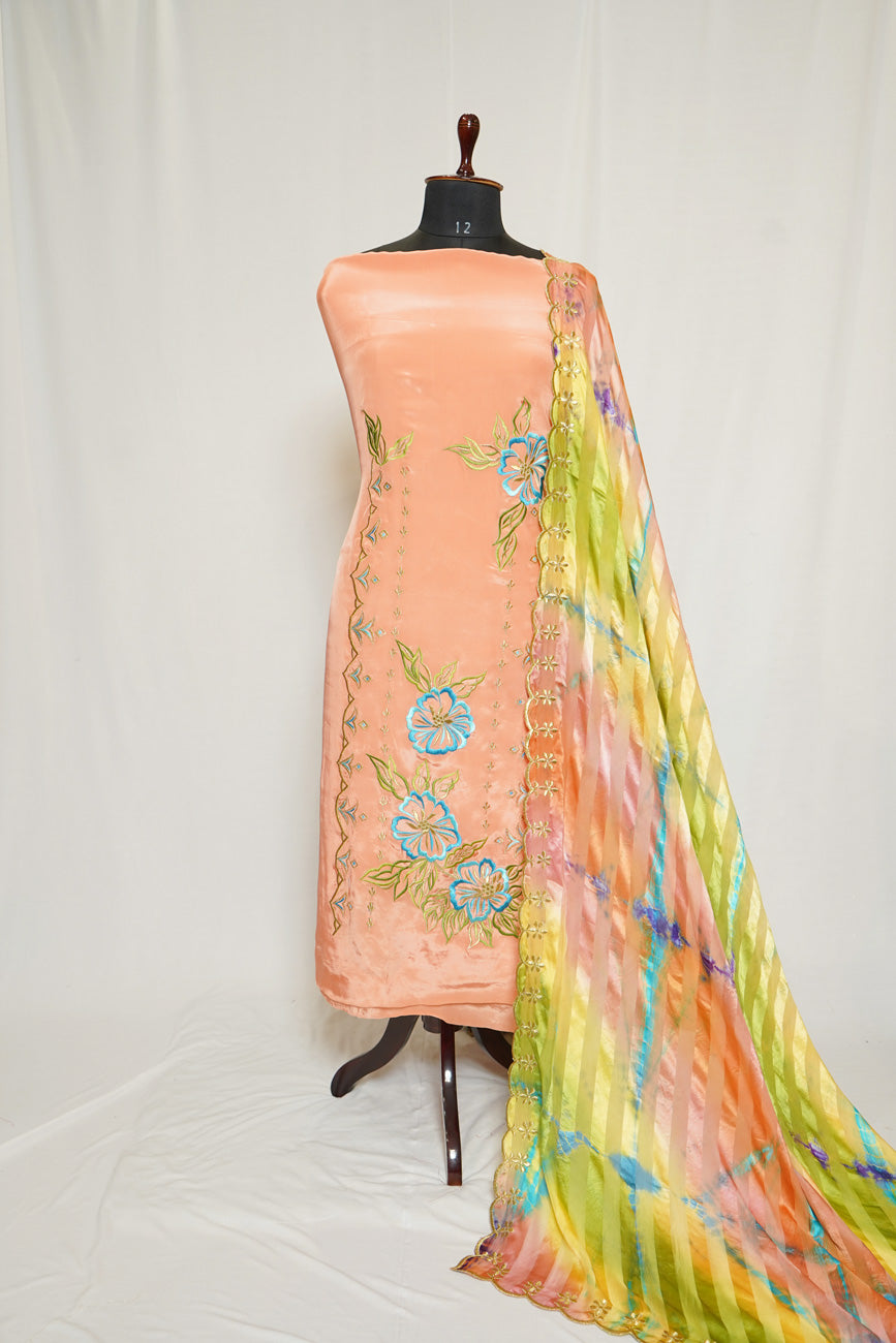 Peach Full Suit with Satin Lines Tie Dye Dupatta-1356