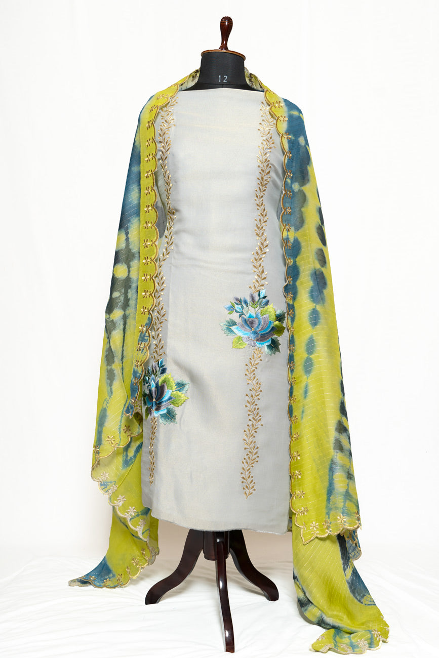 Light Greay Full Suit with Tie Dye Organza Lines Dupatta-1326