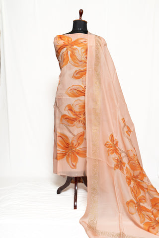 Light Peach Painted Full Suit with Organza Dupatta-1333