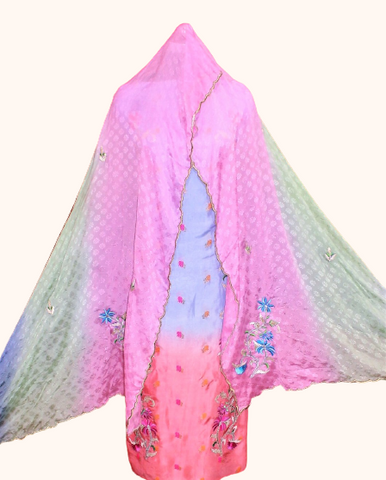 Double Dye Full Suit With Three Colour Tie Dye Dupatta