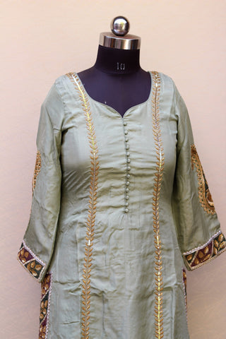 Greay Green Full Suit With Organza Dupatta