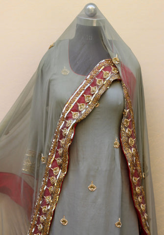 Greay Green and Maroon Full Suit With Greay Green Dupatta