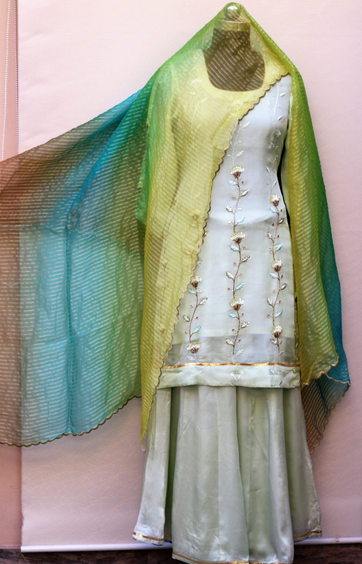 Pista Green Sharara Suit With Tissue Organza Tie Dye Dupatta