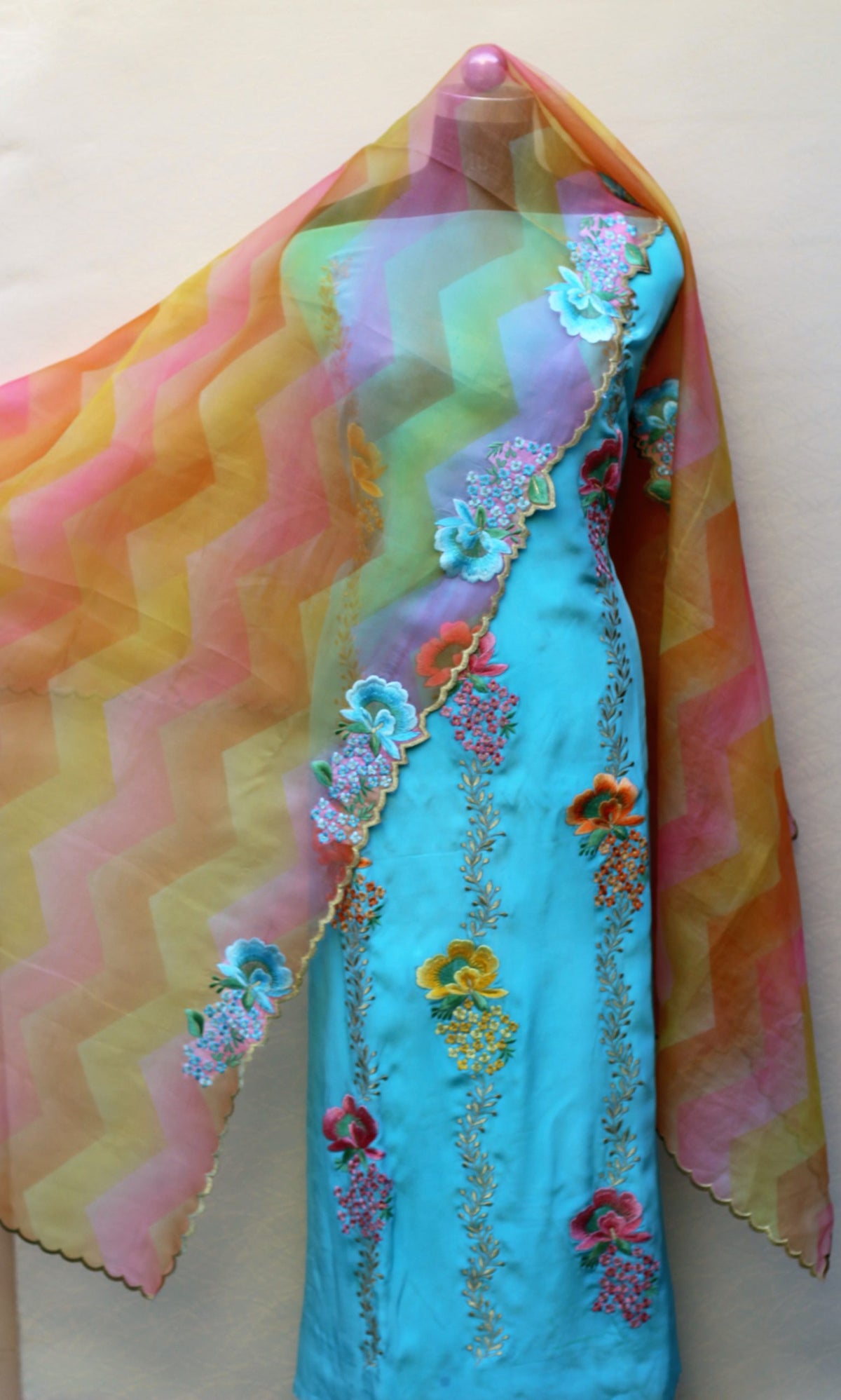 Sky Blue Full Suit With Organza Tie Dye Dupatta