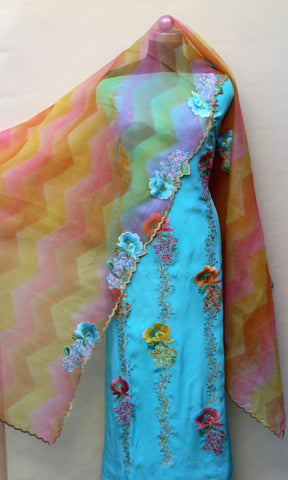 Sky Blue Full Suit With Organza Tie Dye Dupatta