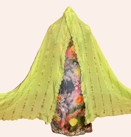 Tie Dye Full Suit With Parrot Green Chinon Chiffon Dupatta