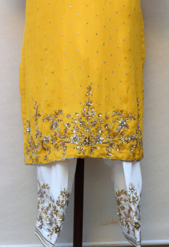 Yellow and Off White Full Suit With Yellow Organza Dupatta