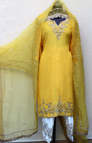 Yellow and Off White Full Suit With Yellow Organza Dupatta