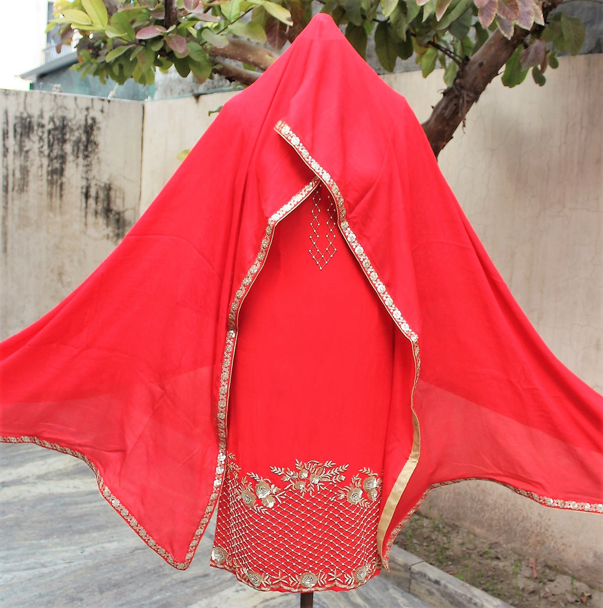 Red Full Suit With Chinon Chiffon Dupatta
