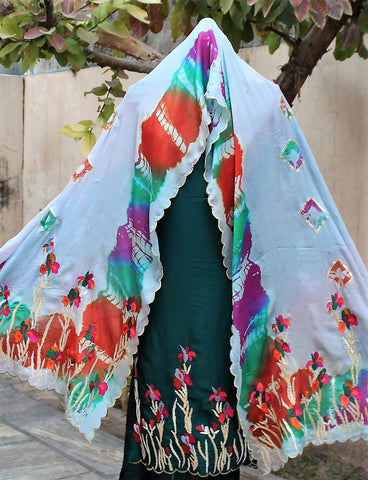 Bottle Green Full Suit With Chinon Chiffon Tie Dye Dupatta