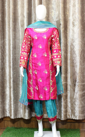 Pink and Firoji Full Suit With Firoji Dupatta