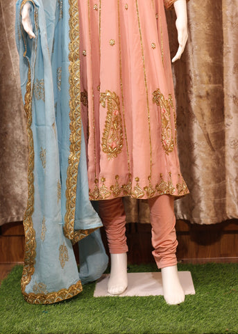 Rose Gold Peach Full Dress With Firoji Chinon Chiffon Dupatta