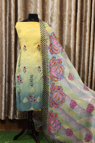 Yellow and Green Double Dye Full Suit With Organza Dupatta