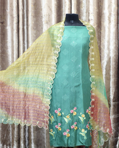 Peacock Green Full Suit With Lines Organza Dupatta