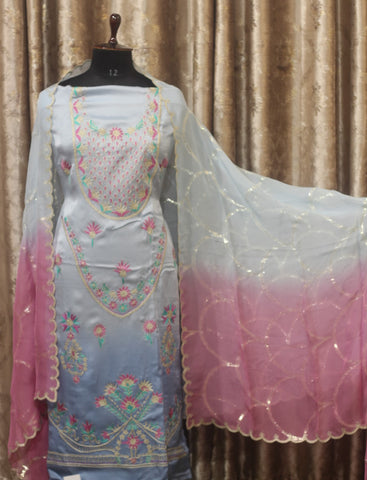 Blueish Gray Double Dye Full Suit With Organza Dupatta-1267