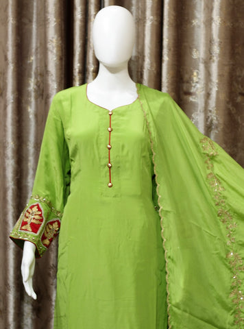 Parrot Green Full Suit With Same Colour Dupatta- 1293