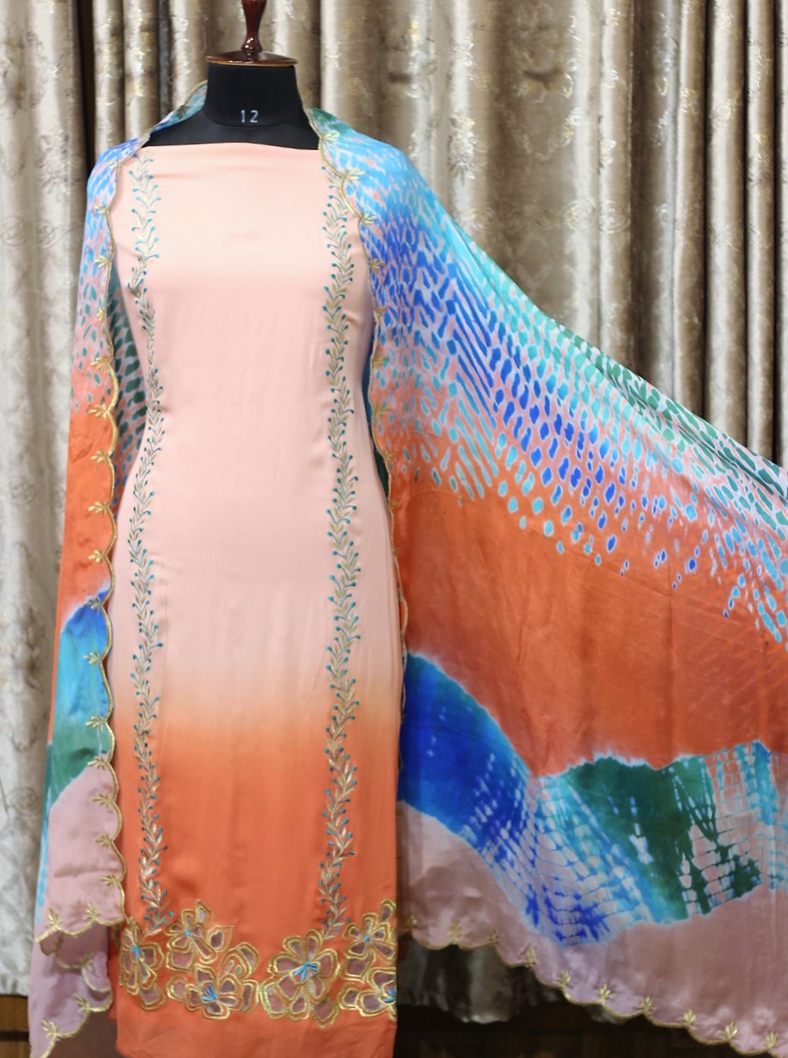 Peach and Rust Double Dye Full Suit With Tie Dye Dupatta-1296