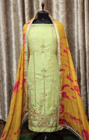 Green Full Suit with Tie Dye Chinon Chiffon Dupatta-1365