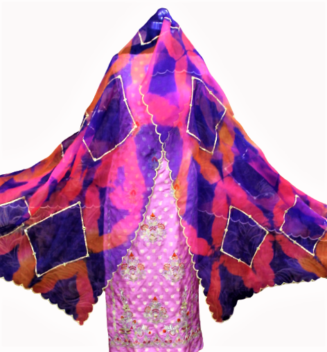 Purplish Pink Full Suit With Tie and Dye Organza Dupatta