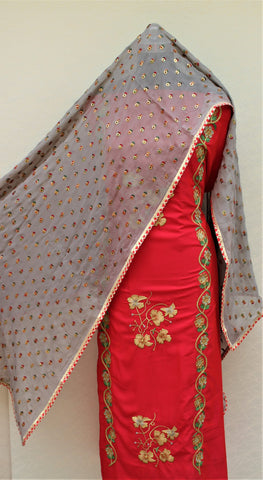 Red Full Suit With Greay Georgette Chiffon Dupatta