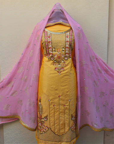 Yellow Full Suit With Pink Dupatta