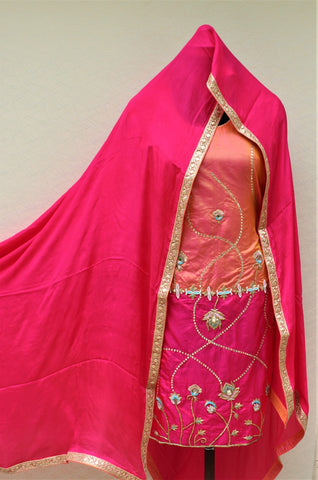 Pink and Gajari Full Suit With Chinon Chiffon/ Net Dupatta