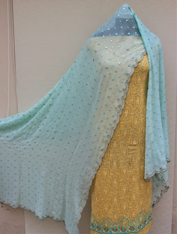 Yellow Full Suit With Light Sky Georgette Chiffon Dupatta