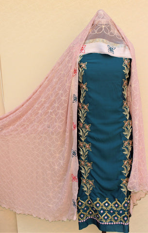 Peacock Full Suit With Pink Chinon Chiffon Dupatta