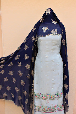 Greay Full Suit With Navy Blue Georgette Chiffon Dupatta