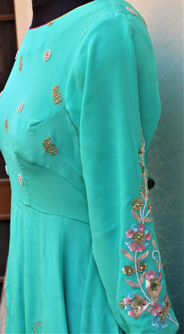 Sea Green Full Suit With Organza Tie Dye Dupatta