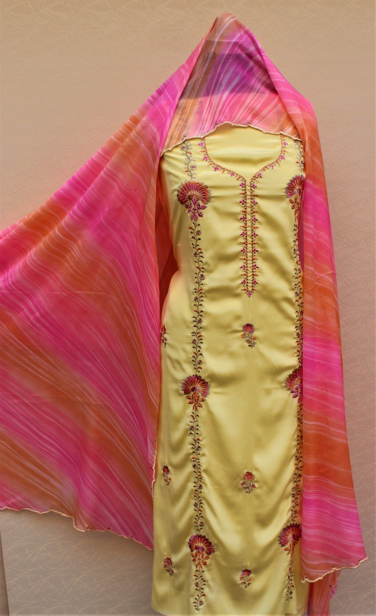 Yellow Full Suit With Tie and Dye Chinon Chiffon Dupatta