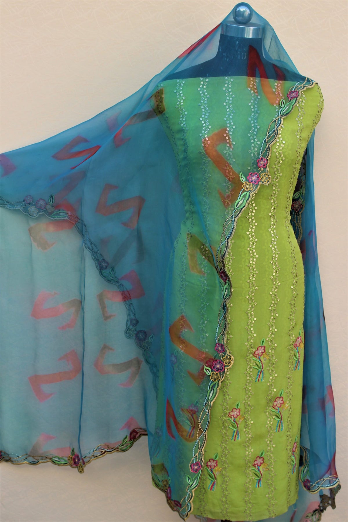 Parrot Green Full Suit With Organza Tie Dye Dupatta